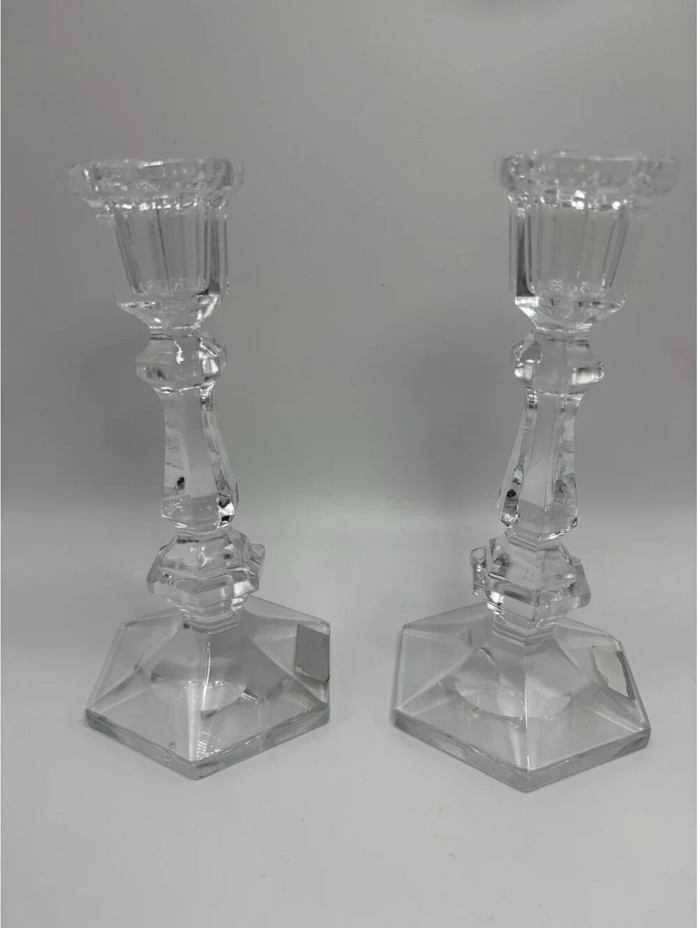 Vintage Mikasa Style 7 Inch Hexagonal Crystal Candle Holders Pair